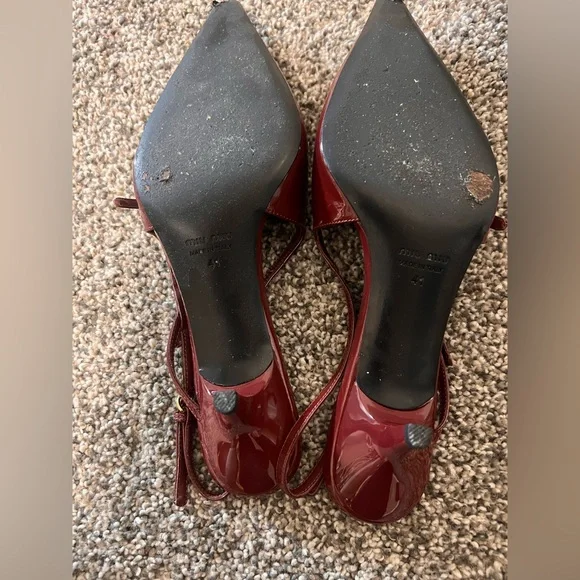 Miu Miu Burgundy Patent Leather Pointed Slingback Flats with Gold Buckles - Picture 2 of 7
